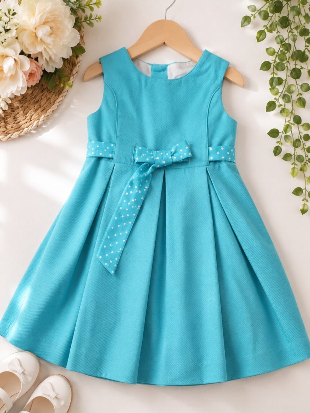Neck & Neck Girls Aqua Blue Textured Party Dress Size 4-5Y Bow Sash Easter Weddi